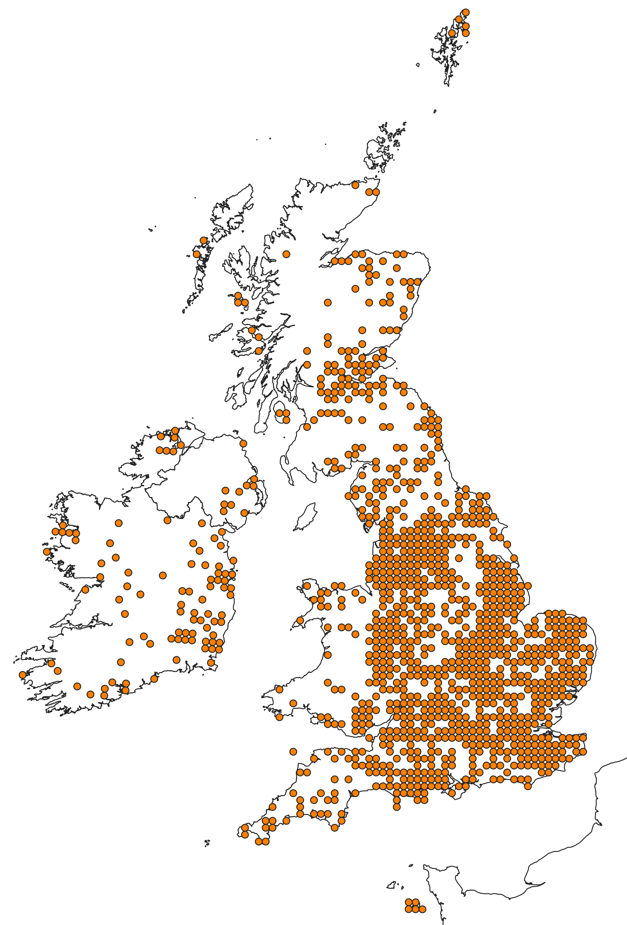 Distribution map of existing earthworm records across the British Isles (c) Earthworm Society of Britain (last updated 31st July 2020)